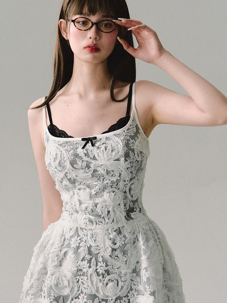 Three-dimensional Embroidered Sheer Suspender Dress