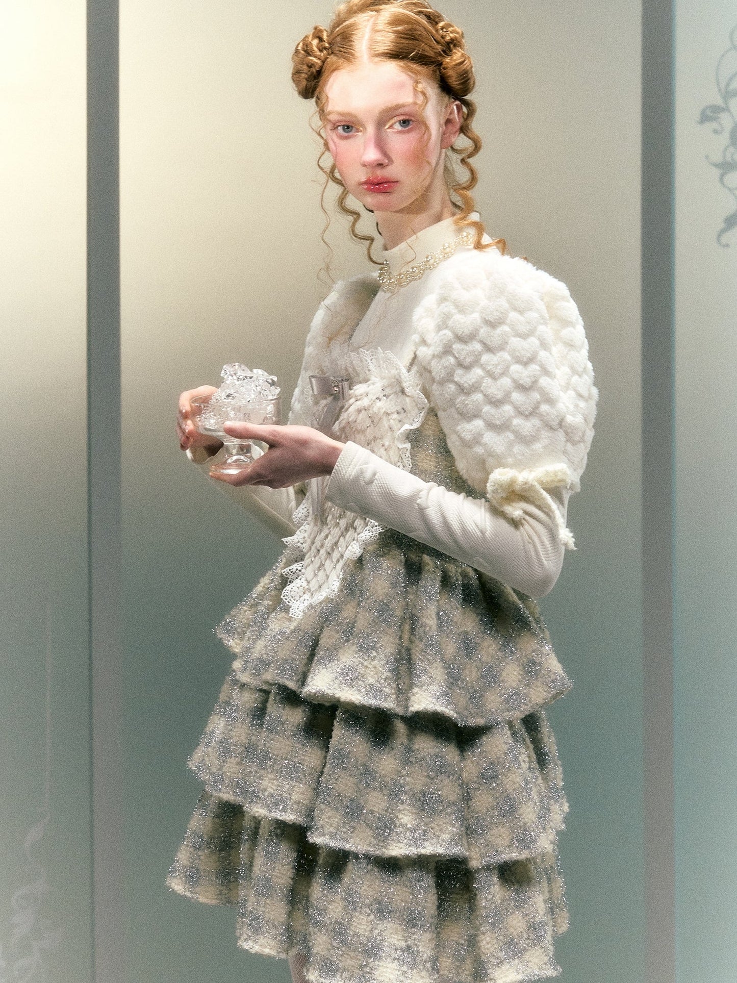 사랑 모피 소매 활 진주 장식 짧은 탑 