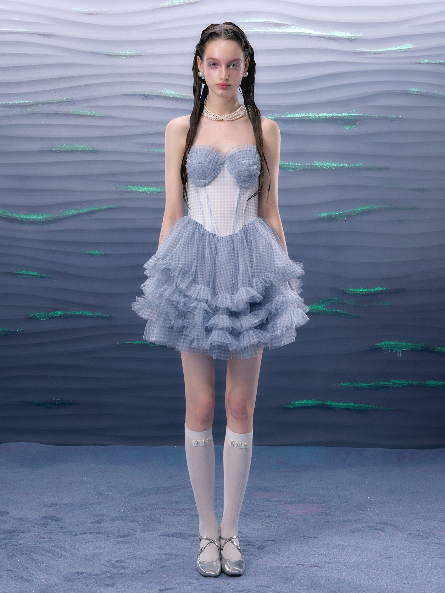 Plaid Mesh Tutu Suspender Dress ＆ Lace Pearl Corset