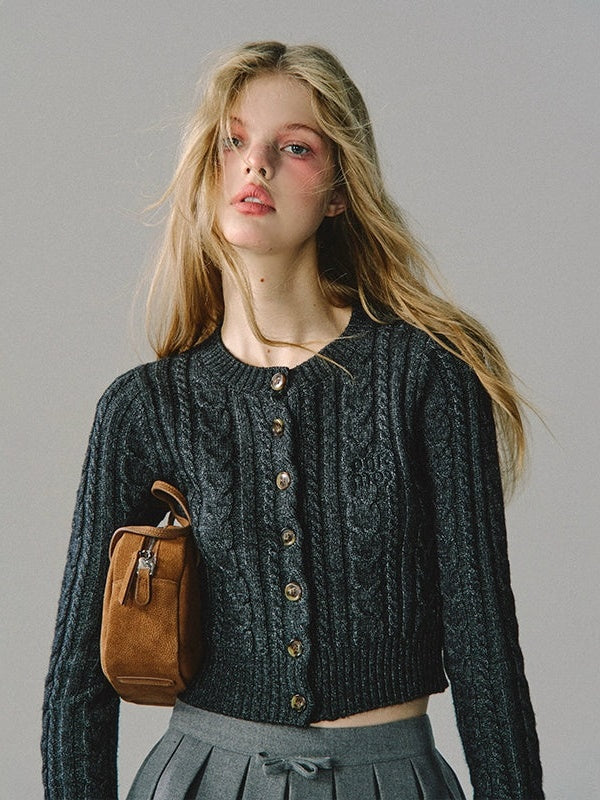 Round Neck Cable Short Knitted Cardigan