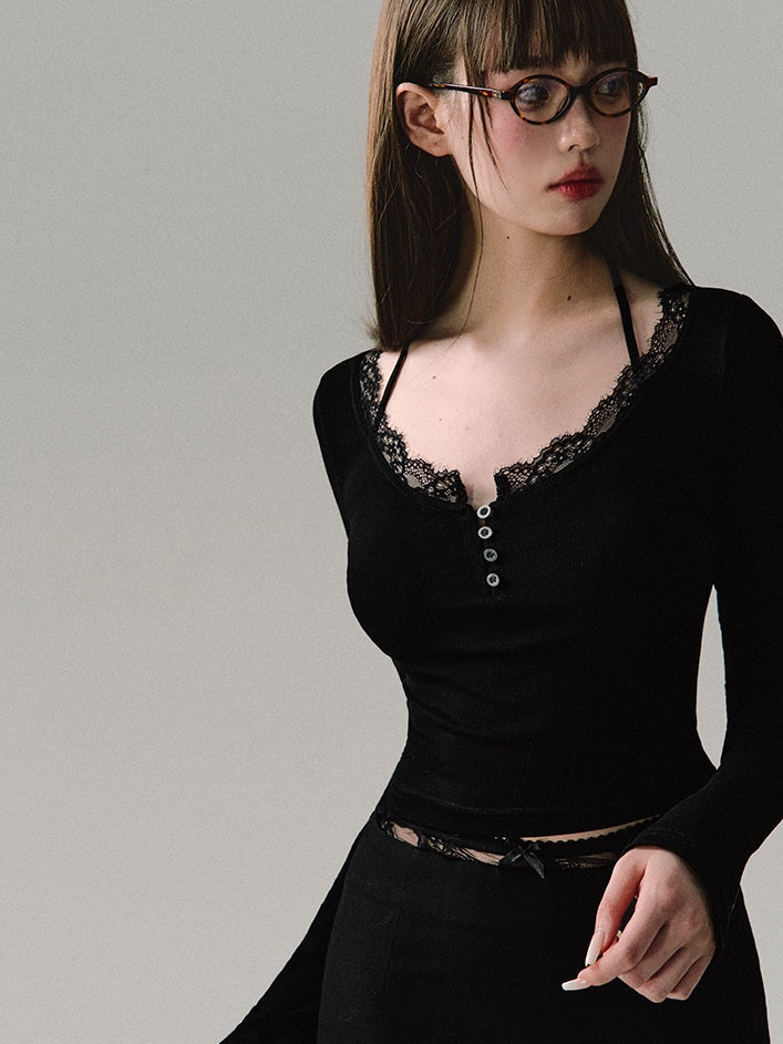 레이스 스티치 니트 바텀 셔츠 