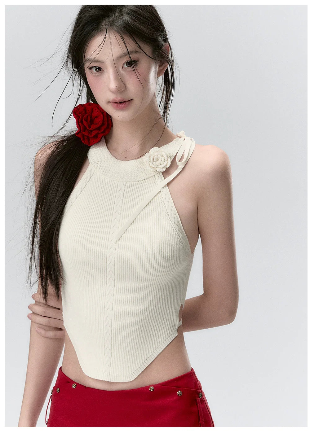 Red & Beige Rose Decor Crewneck Knitted Vest