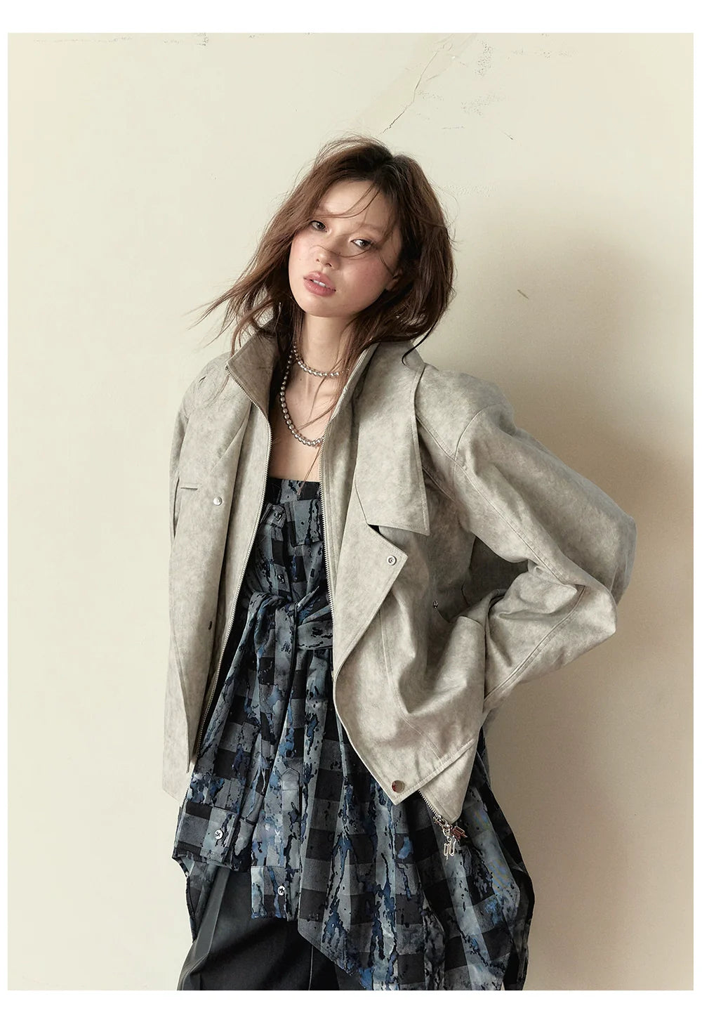 Khaki & Gray Studded Loose-fitting Jacket