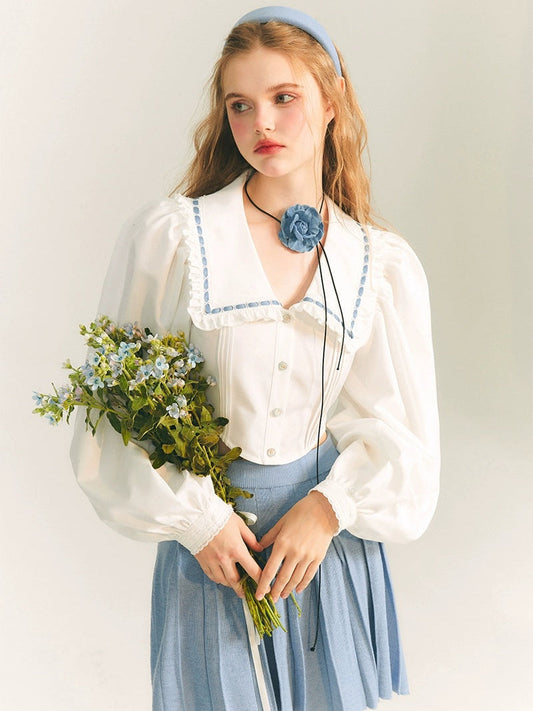 레이스 인형 칼라 쇼트 벌룬슬리브 셔츠 