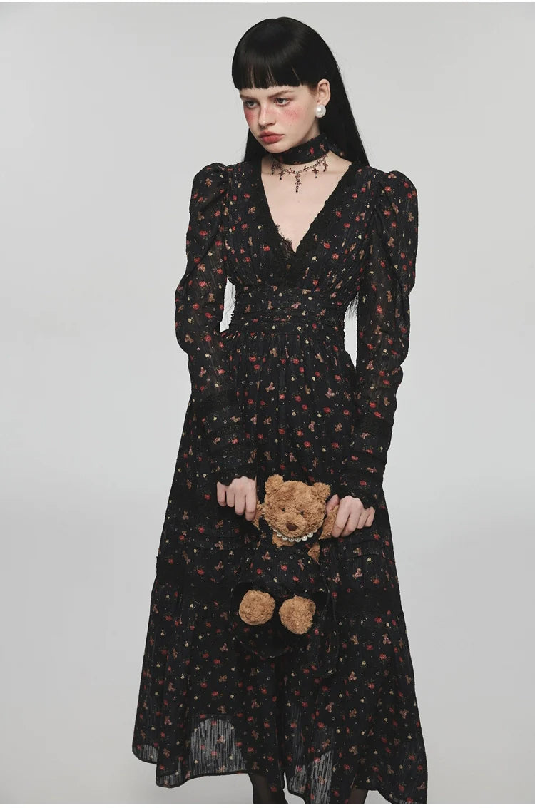 Bear Floral Lace Waist-cinching V-neck Midi Dress