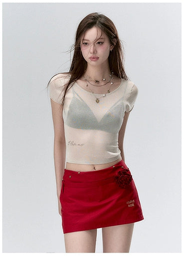 "I LOVE ME" Embroidered Rose Belt A-Line Mini Skirt