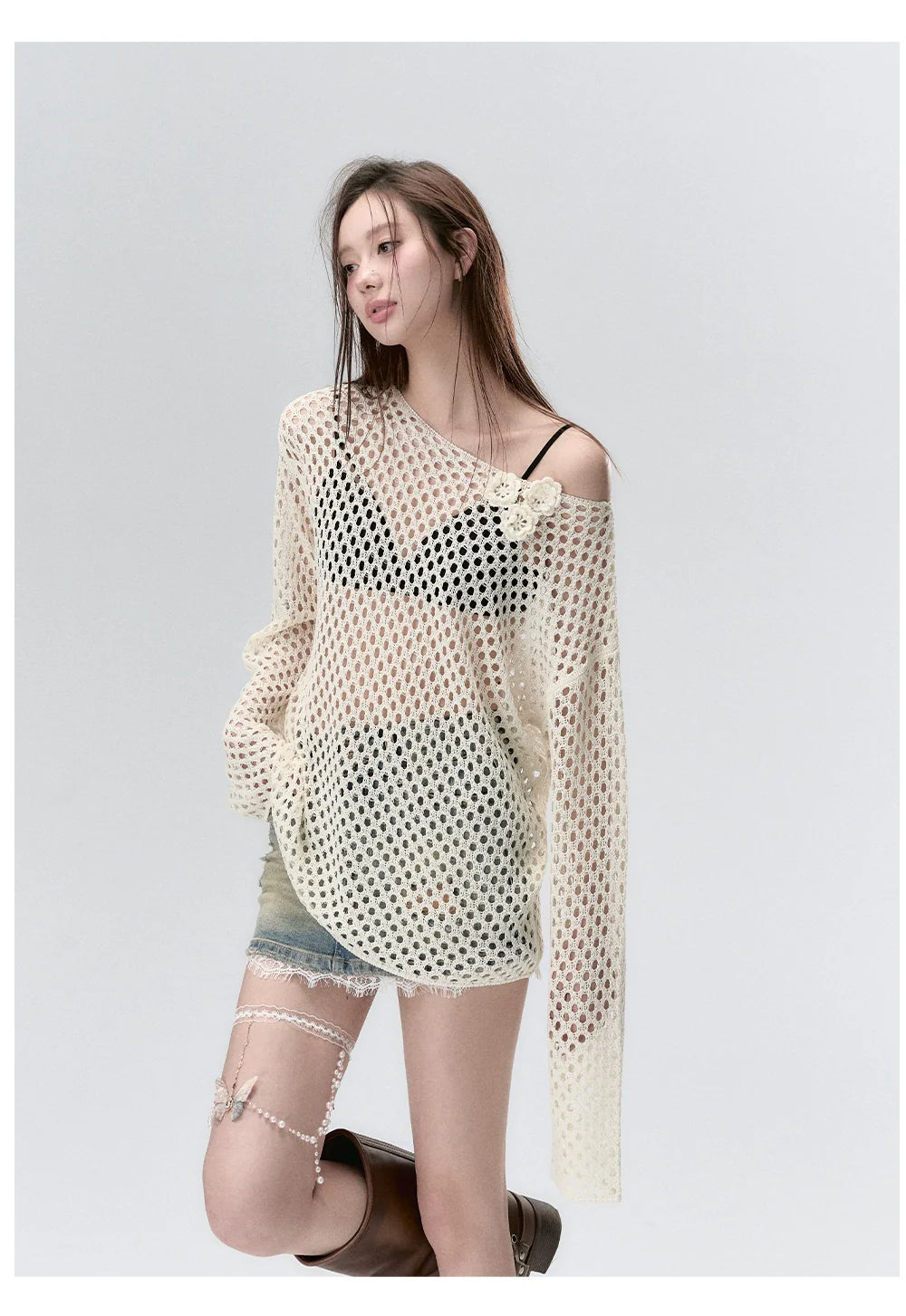 Milk Silk Sheer Mesh Hollow-Out Blouse