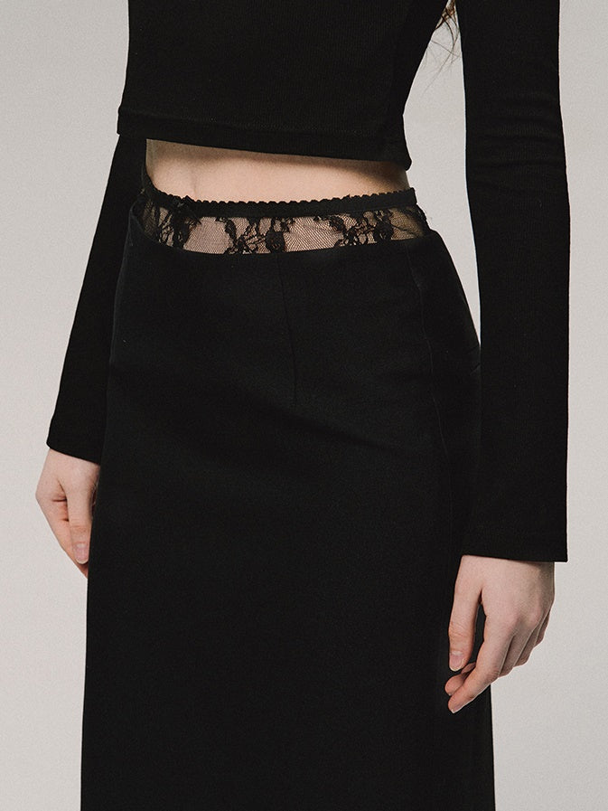 로우 웨이스트 레이스 스플라이싱 스트레이트 스커트 