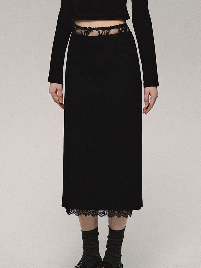 로우 웨이스트 레이스 스플라이싱 스트레이트 스커트 