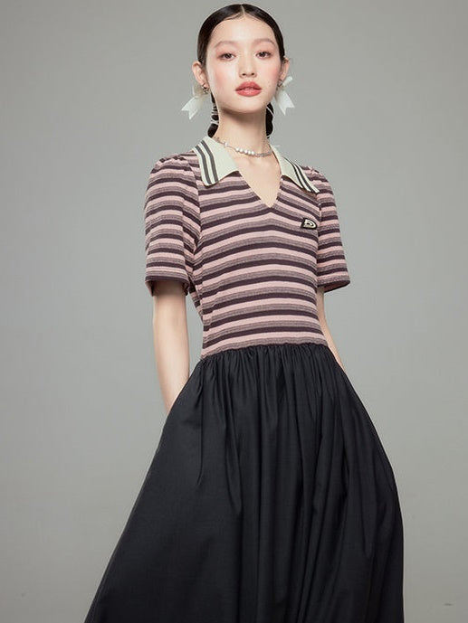 Polo Collar Striped Long One-piece