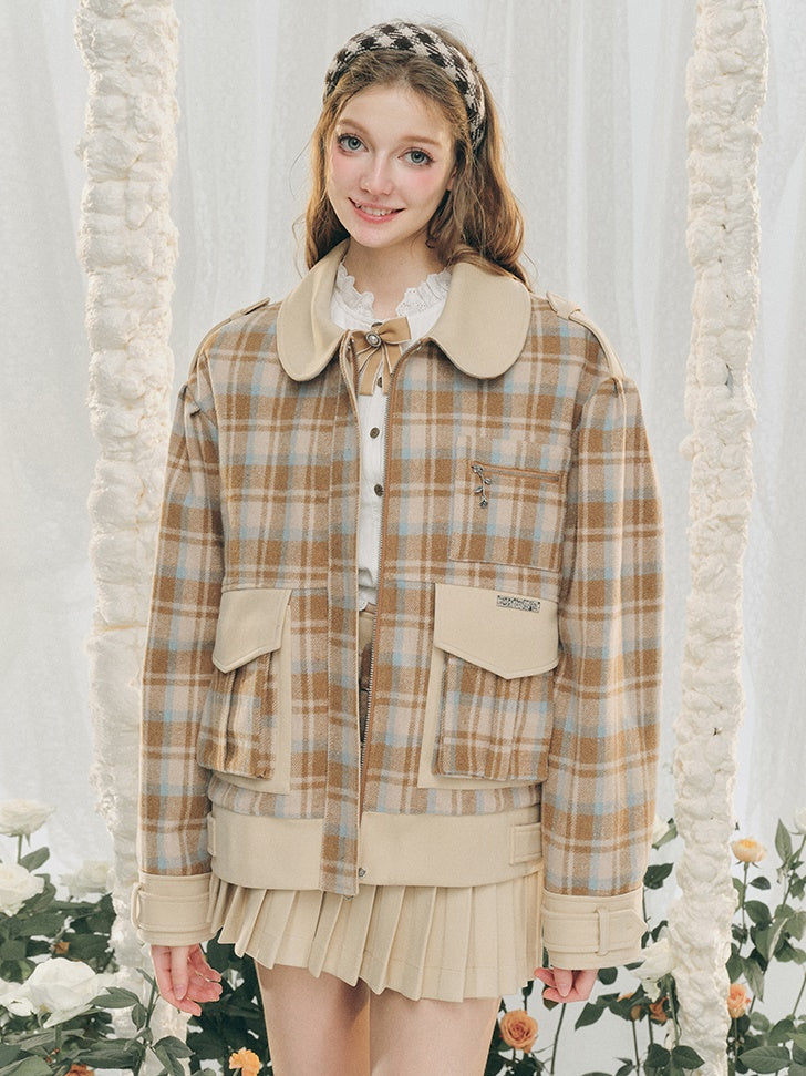 Plaid Round Collar Short Jacket ＆ Mini Pleated Skirt