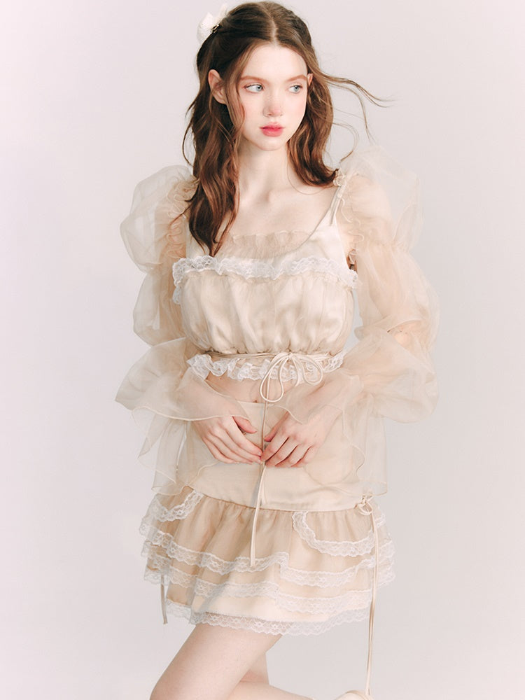 Organza Puff Sleeve Lace Top & Skirt