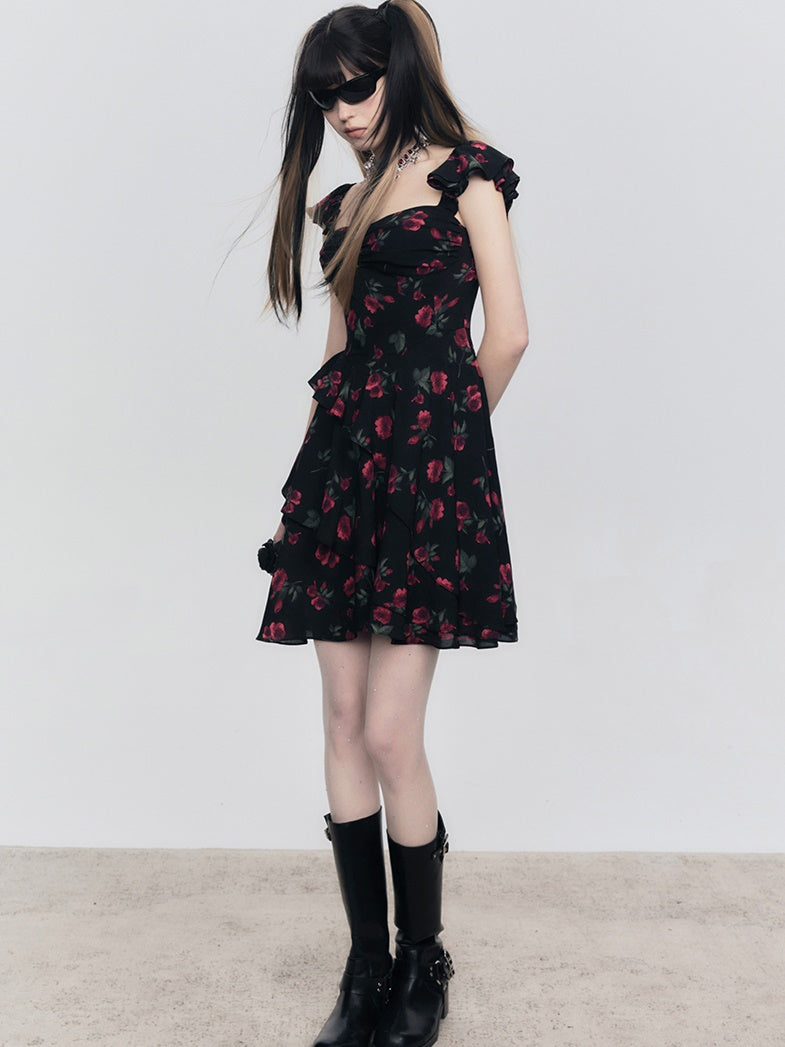 Rose Floral Belt Chest Strap Dress