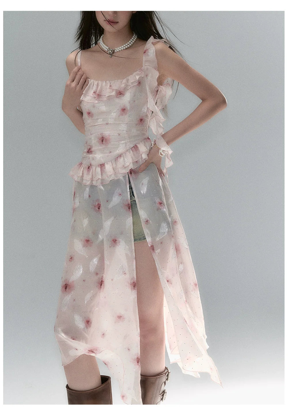 Detachable Square Neck Floral Midi Dress