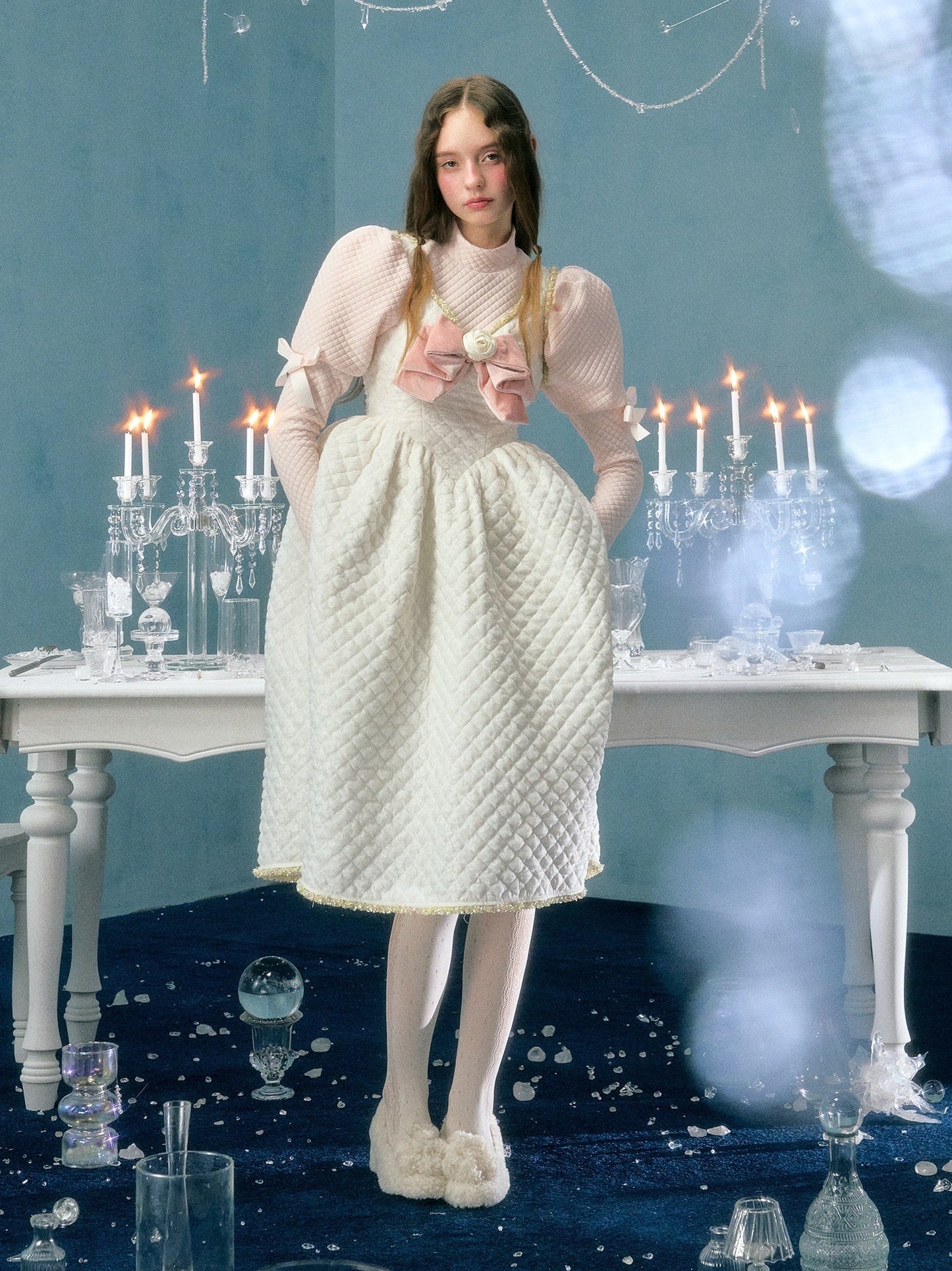 레이스 리본 플라워장식 패딩 서스펜더 드레스&amp;퍼프슬리브 탑