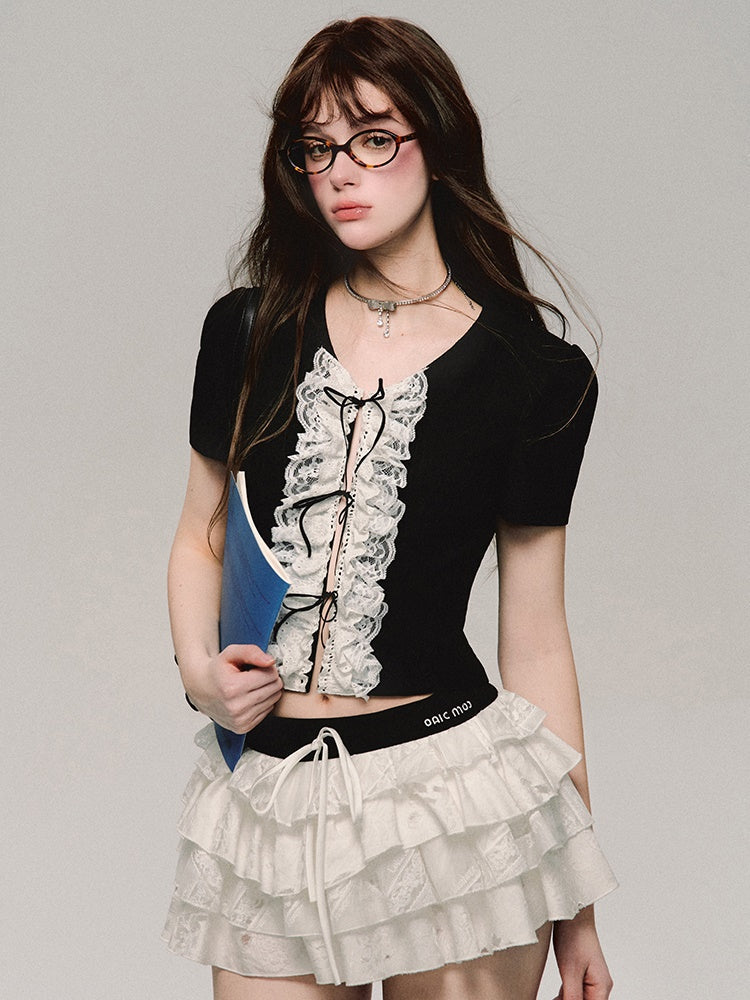 레이스 자수 플래킷 반소매 티셔츠 