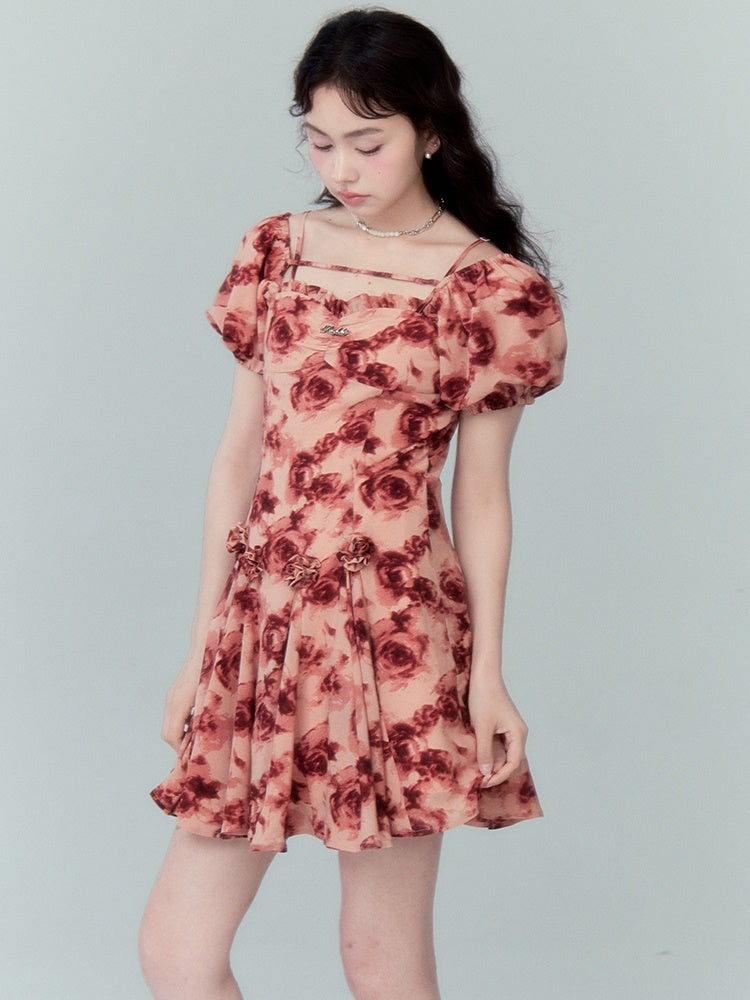 Rose Print Square Collar Puff Sleeve Dress