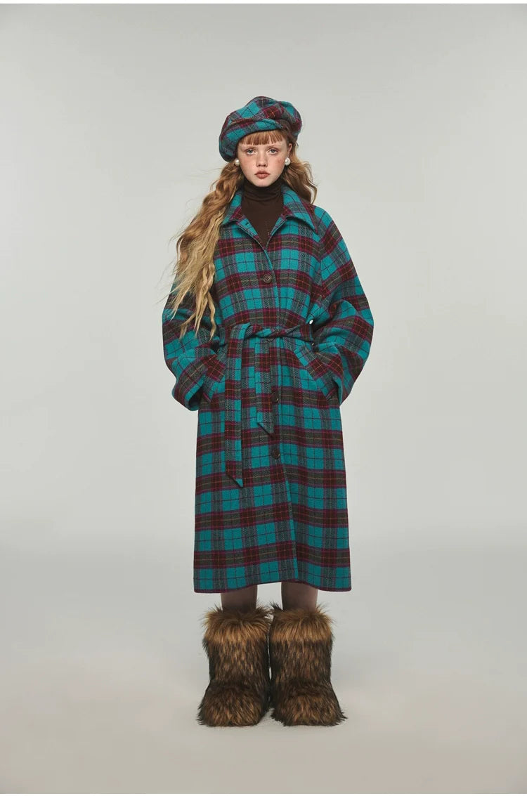 Plaid Classic  Belted Waist Woolen Overcoat