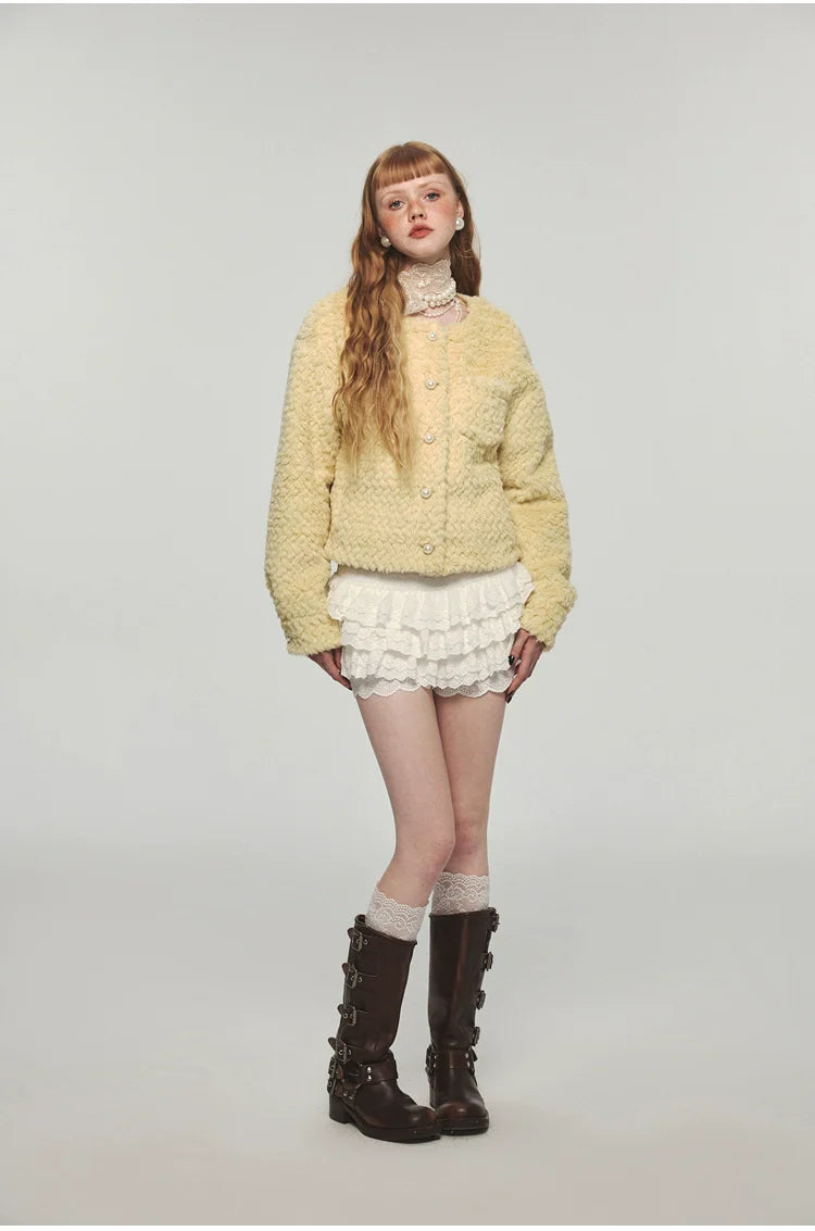 Yellow Faux Fur Casual Crop Coat