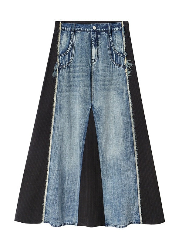 Retro Distressed Washed Raw Edge Denim Patchwork Skirt