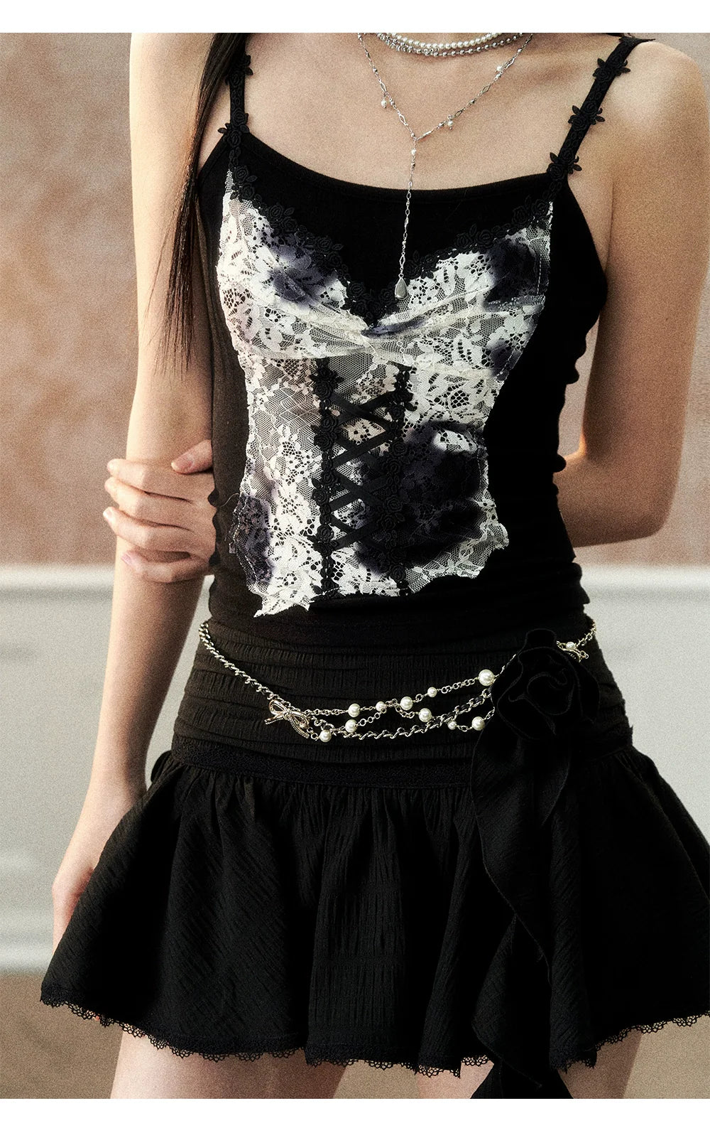 White & Black Lace-Trimmed Rose Brooch Mini Skirt