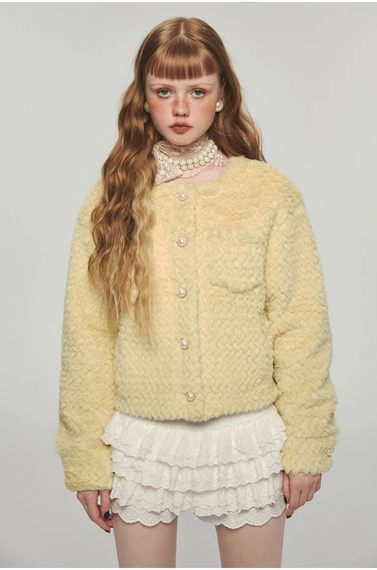 Yellow Faux Fur Casual Crop Coat