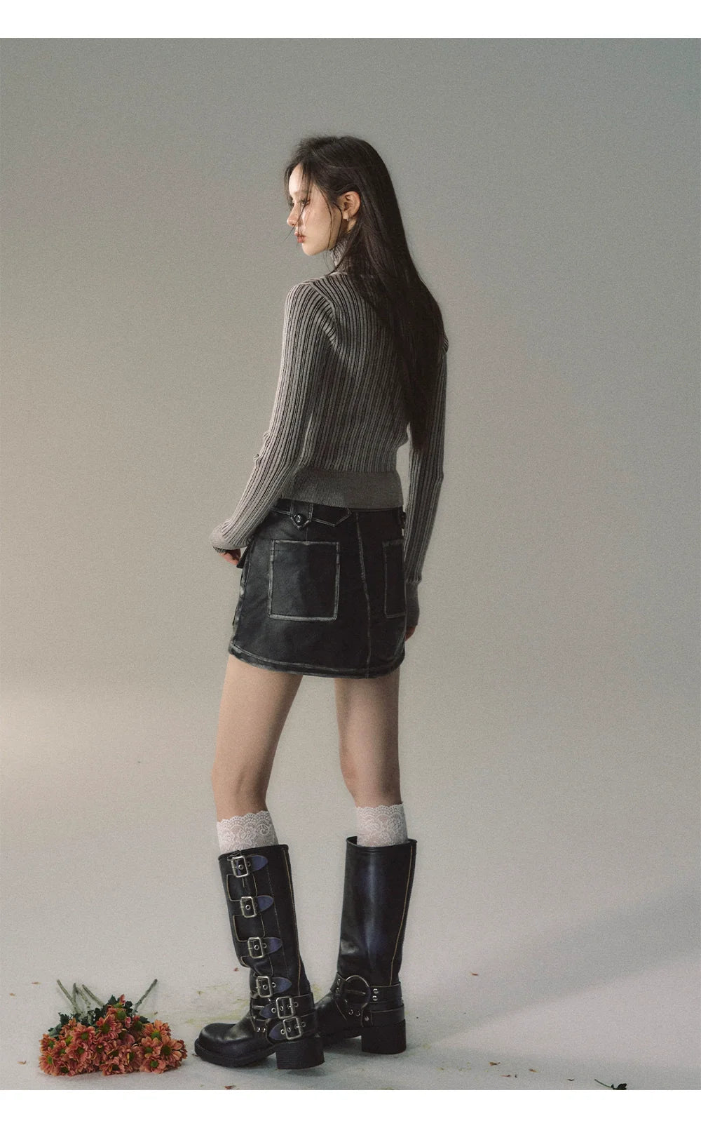 Mocha & Red Zipper Striped Turtleneck