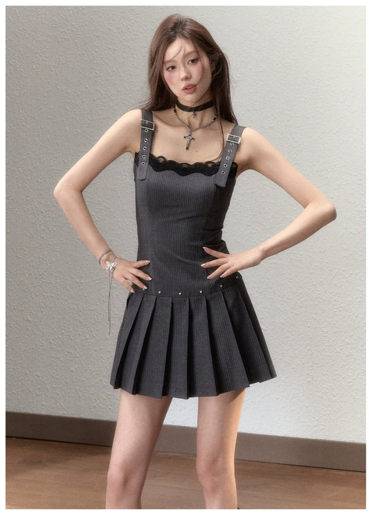 Suit-Style Lace Pleated Mini Dress