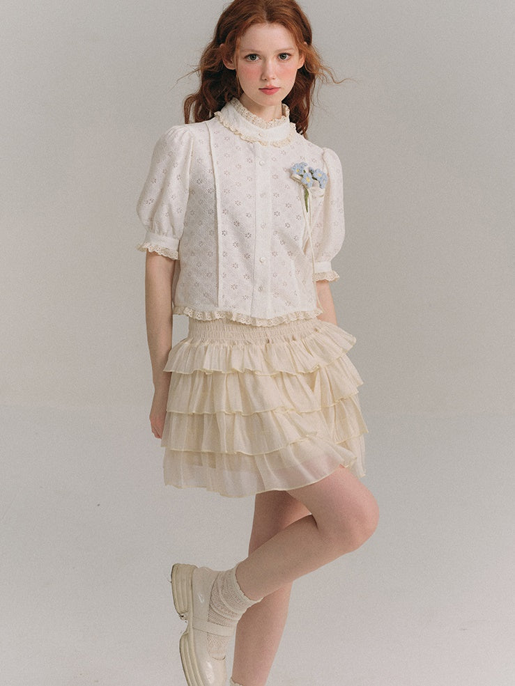 Shimmer Ruffle Collar Shirt & Cake Skirt