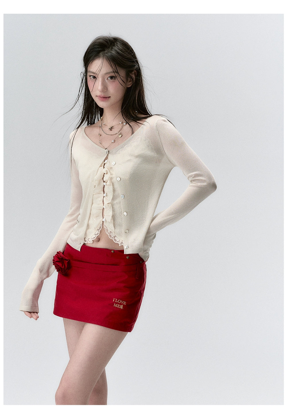 "I LOVE ME" Embroidered Rose Belt A-Line Mini Skirt