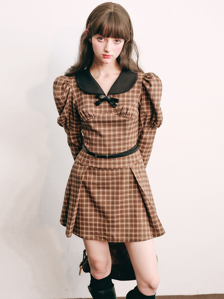 Plaid Retro Bubble Sleeve Dress