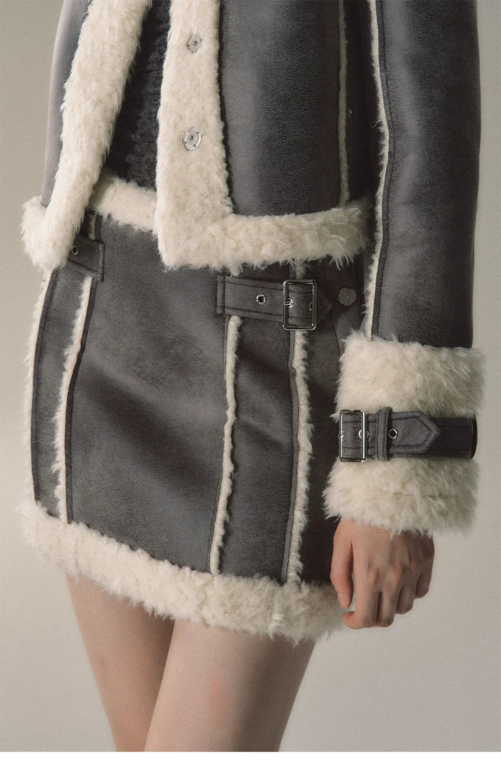 Grey Short Plush Shearling Jacket & Skirt Set