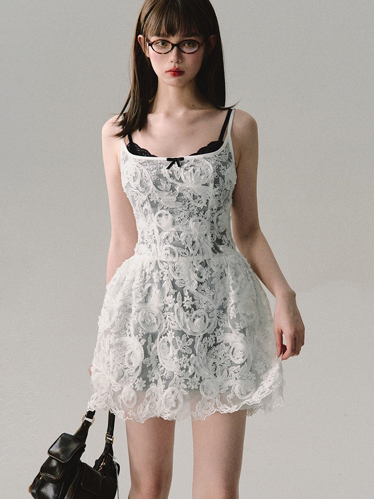 Three-dimensional Embroidered Sheer Suspender Dress