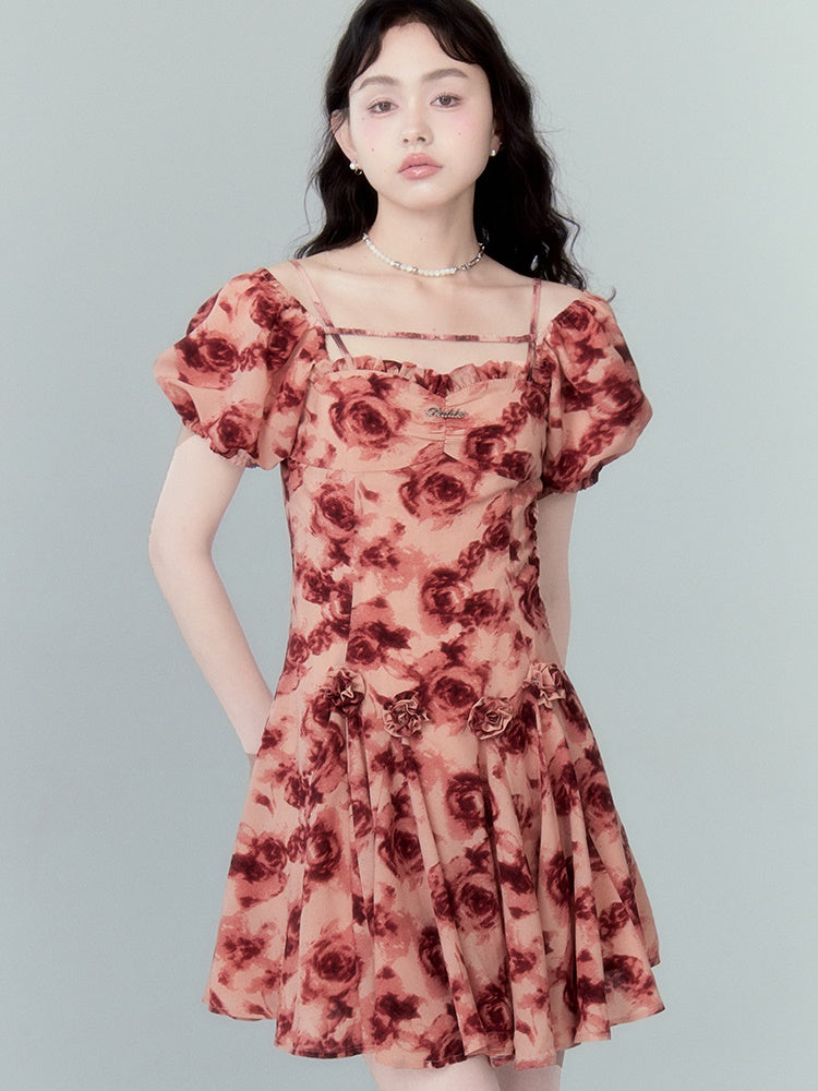 Rose Print Square Collar Puff Sleeve Dress