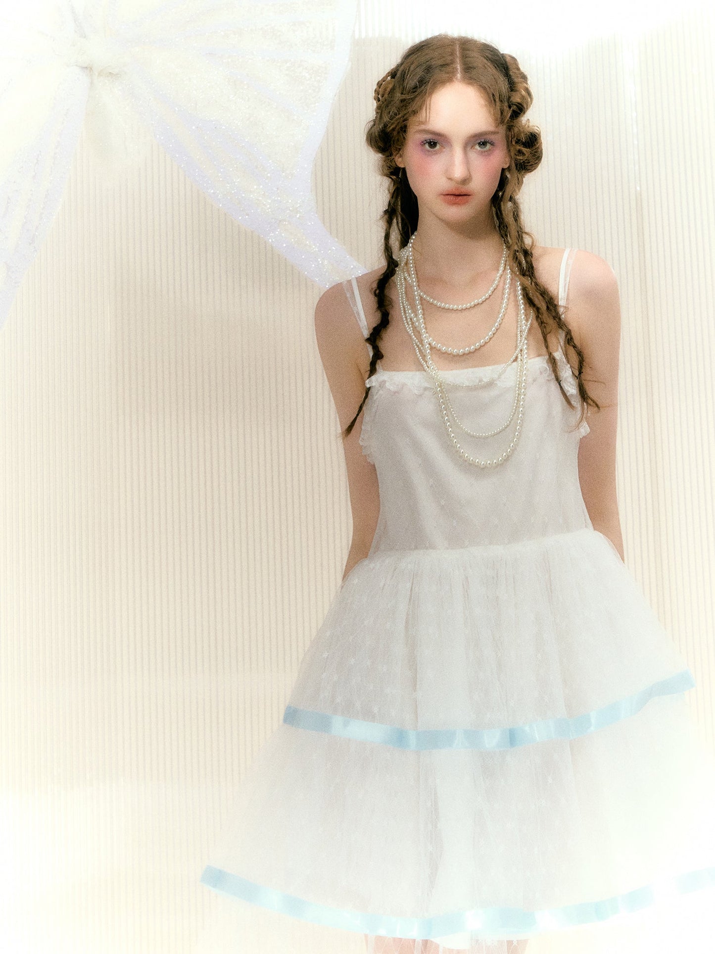 레이스 리본 메쉬 서스펜더 케이크 드레스