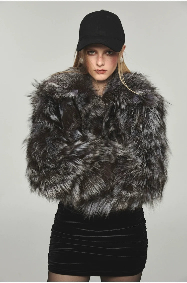 Turn-down Collar Silver Fox Fur Short Coat