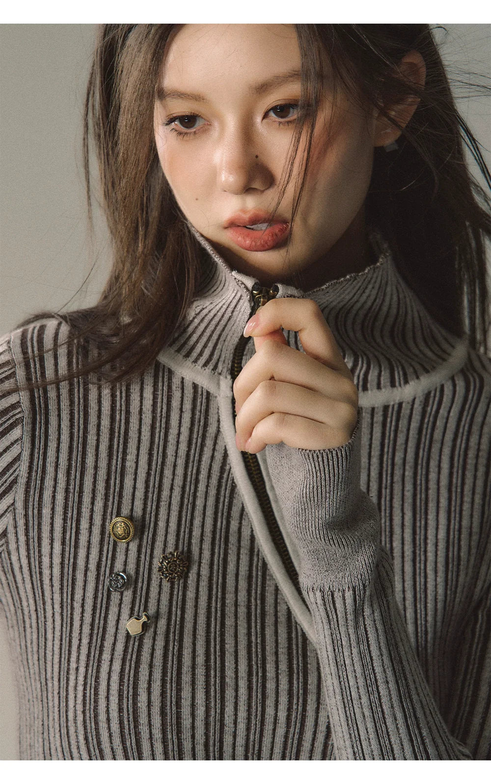 Mocha & Red Zipper Striped Turtleneck