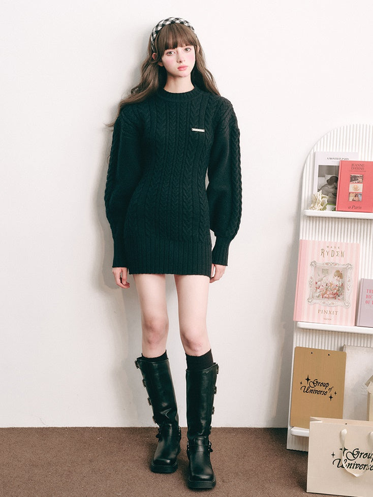 Slim Waist Long Sleeve Knitted One-piece