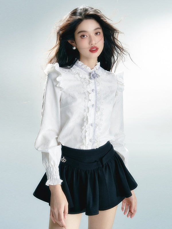 긴팔 레트로 레이스 프릴 셔츠 