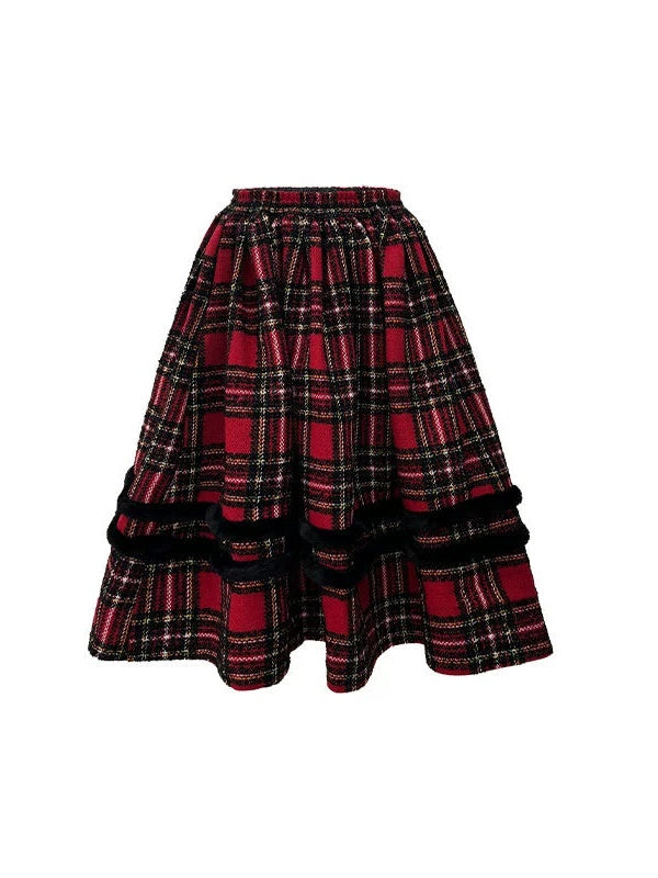 Plaid Detachable Fur Collar Fur Ball Short Coat & Mid-Length Skirt