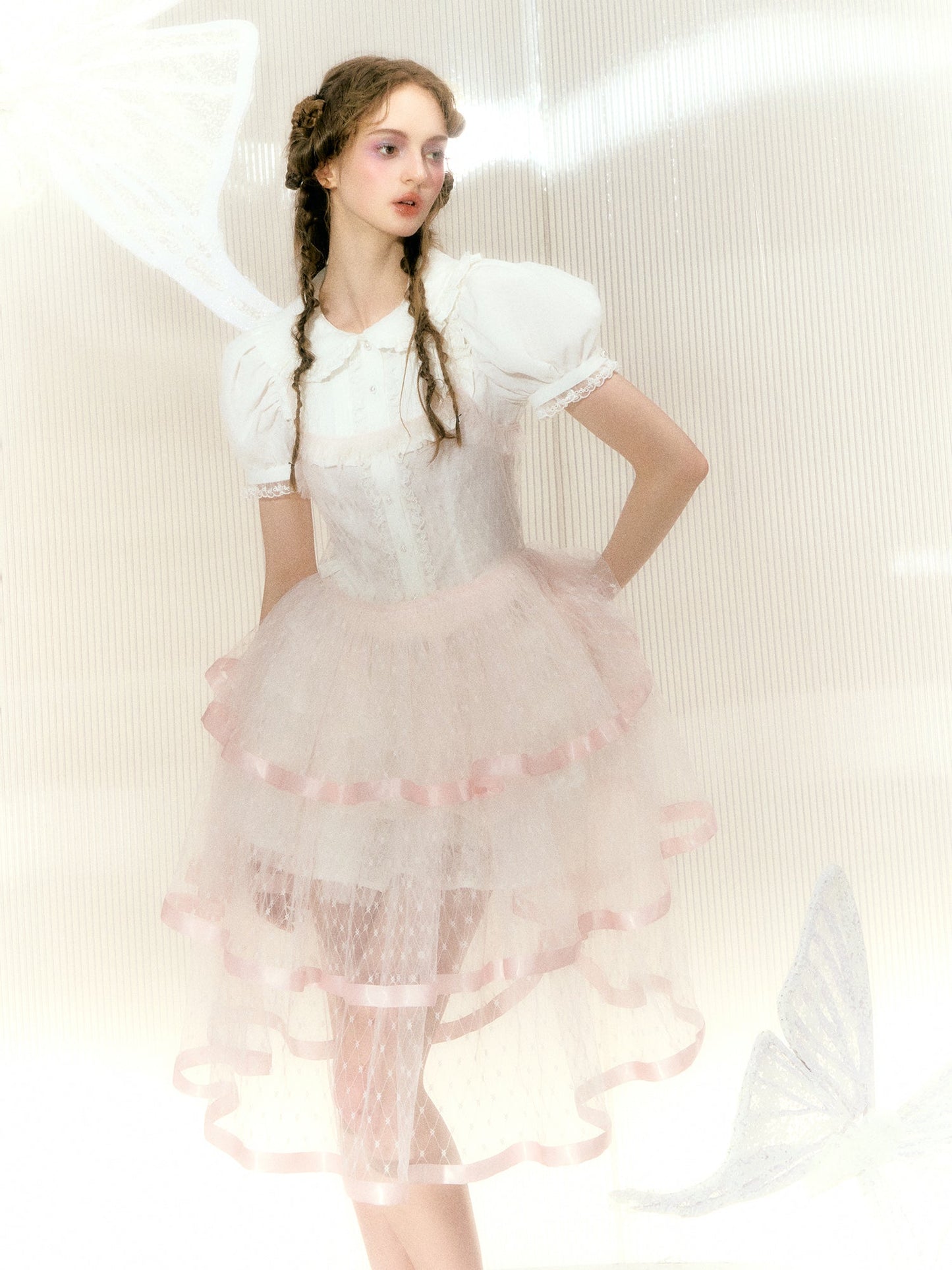 레이스 리본 메쉬 서스펜더 케이크 드레스