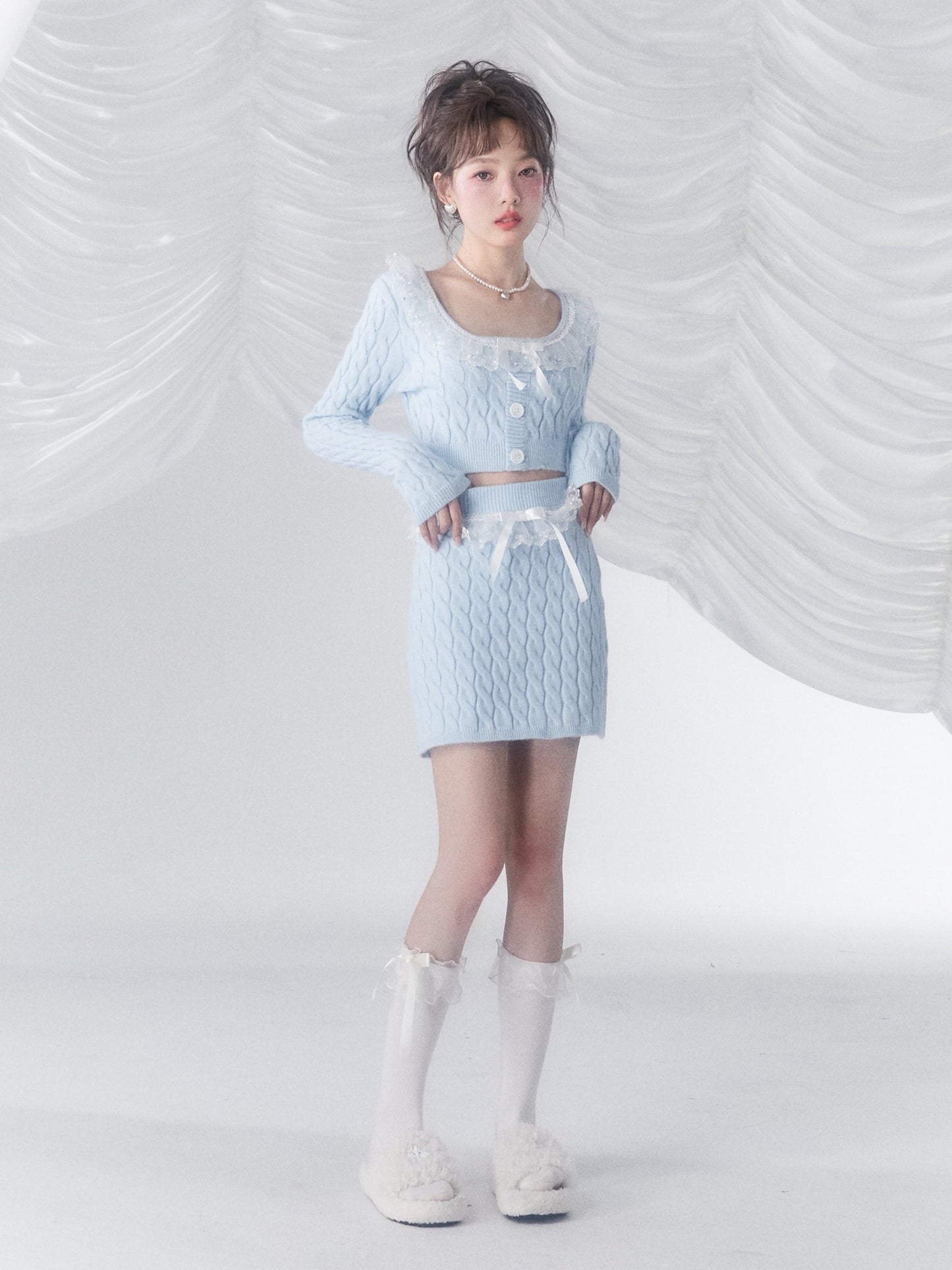 레이스 쇼트 스웨터 &amp; 스커트