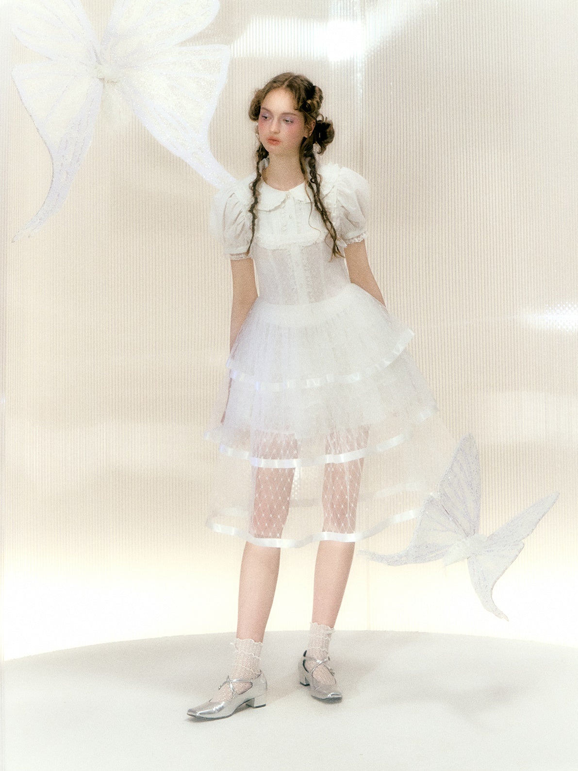 레이스 리본 메쉬 서스펜더 케이크 드레스