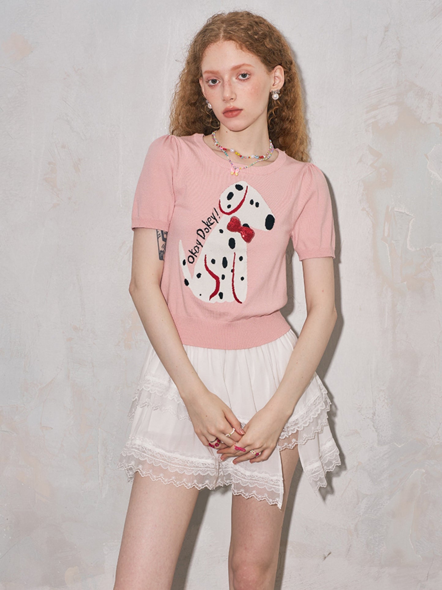 Round Neck Short-sleeved Spotted Dog Knitted Top