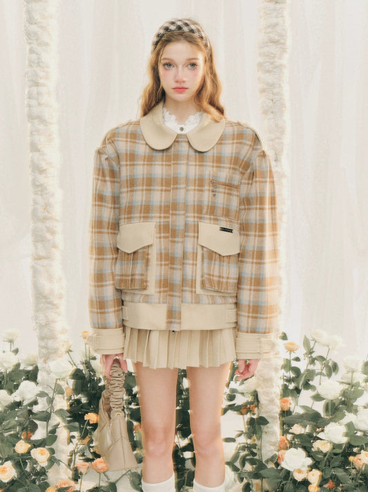 Plaid Round Collar Short Jacket ＆ Mini Pleated Skirt