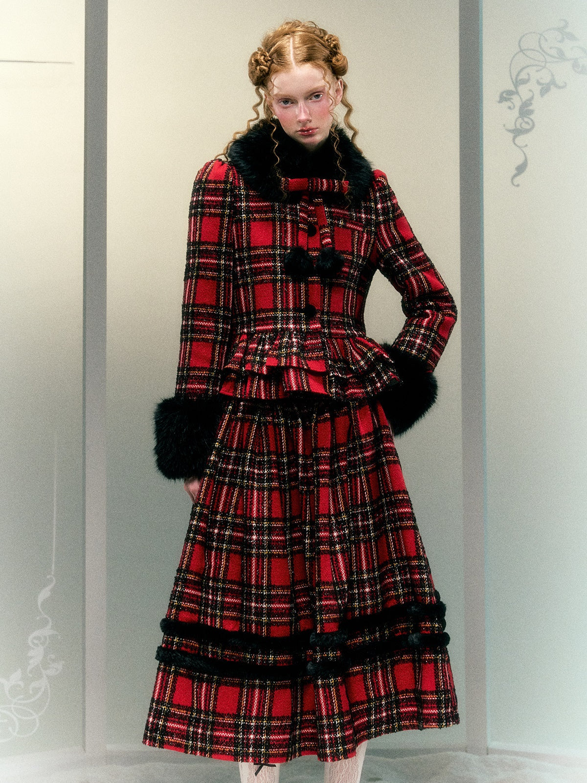 Plaid Detachable Fur Collar Fur Ball Short Coat & Mid-Length Skirt