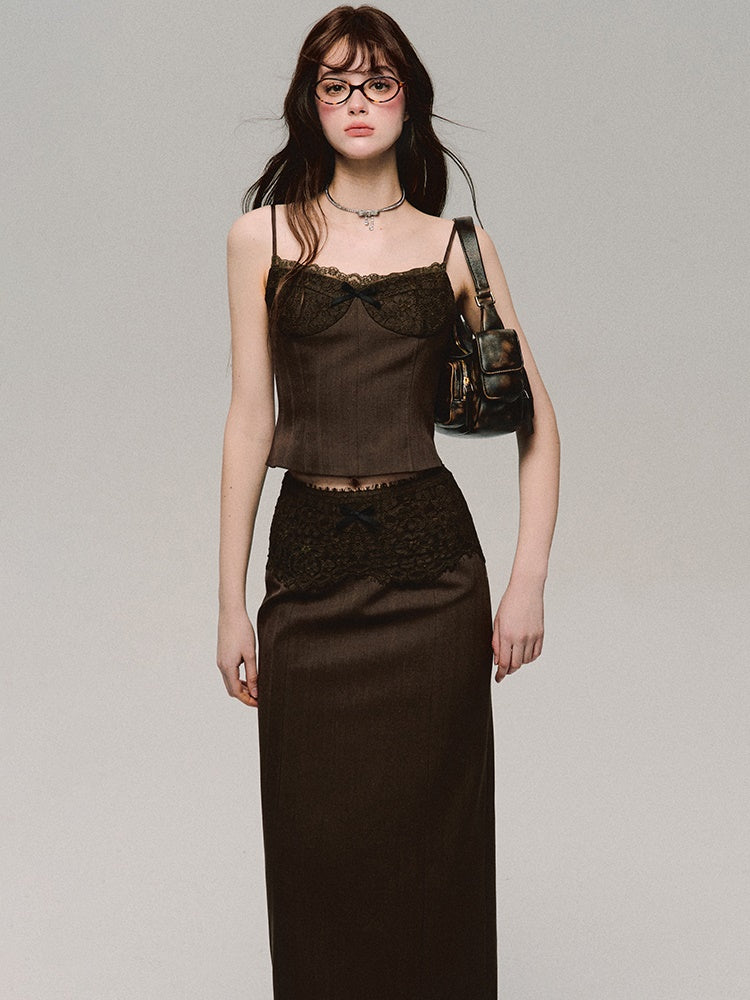 Slim Fit Lace Stitch Camisole ＆ Spliced Skirt