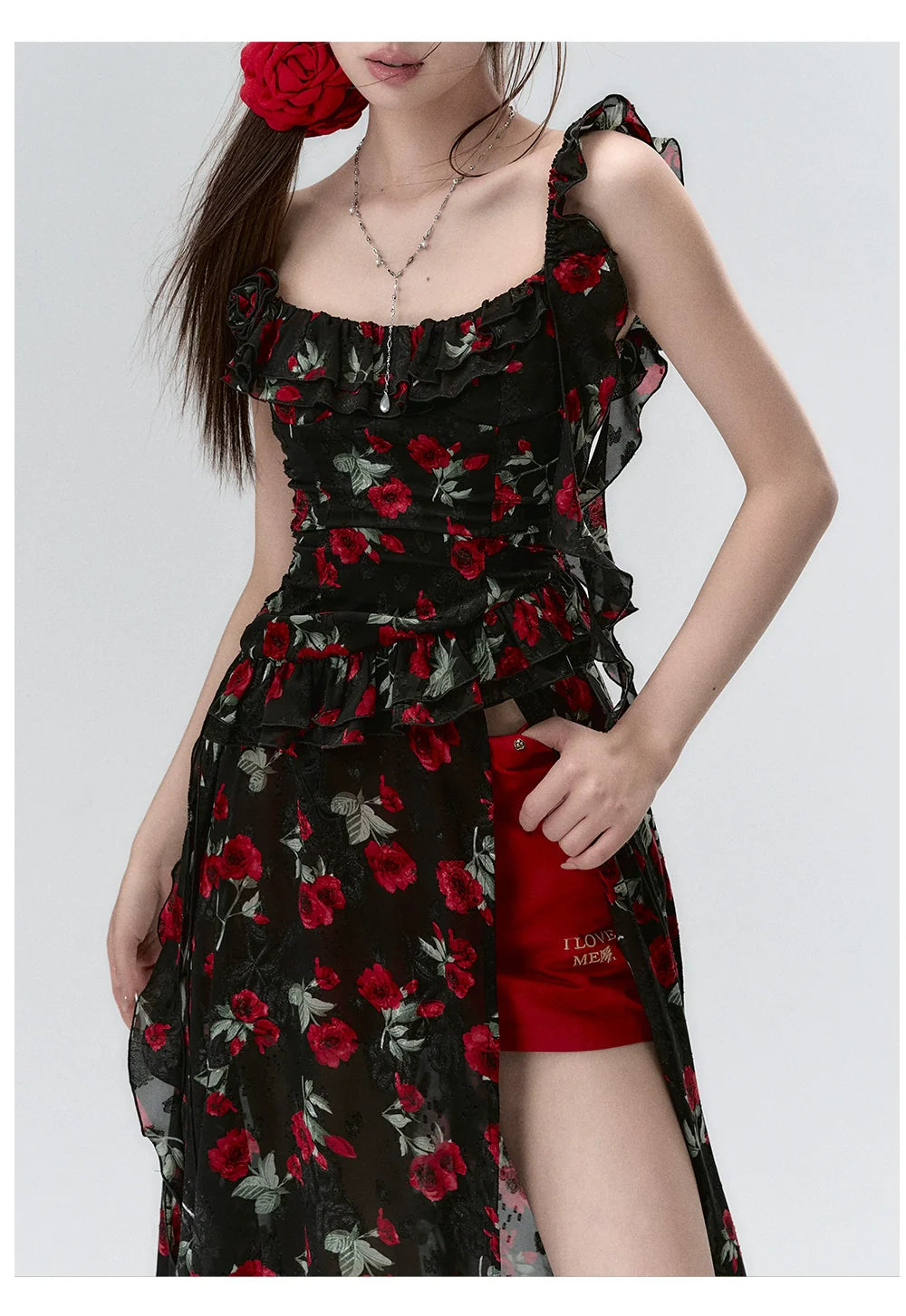 Detachable Square Neck Floral Midi Dress