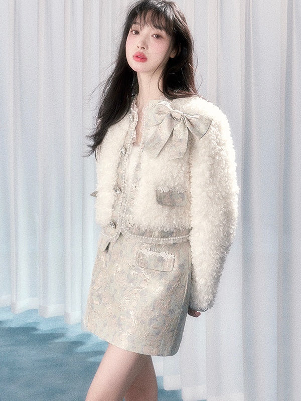 램울 리본 쇼트 코트 &amp; 자카드 스커트