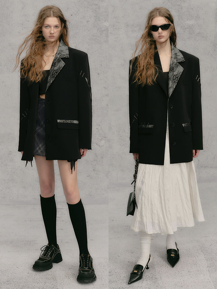 레이스 스티치 배색 루즈 재킷 